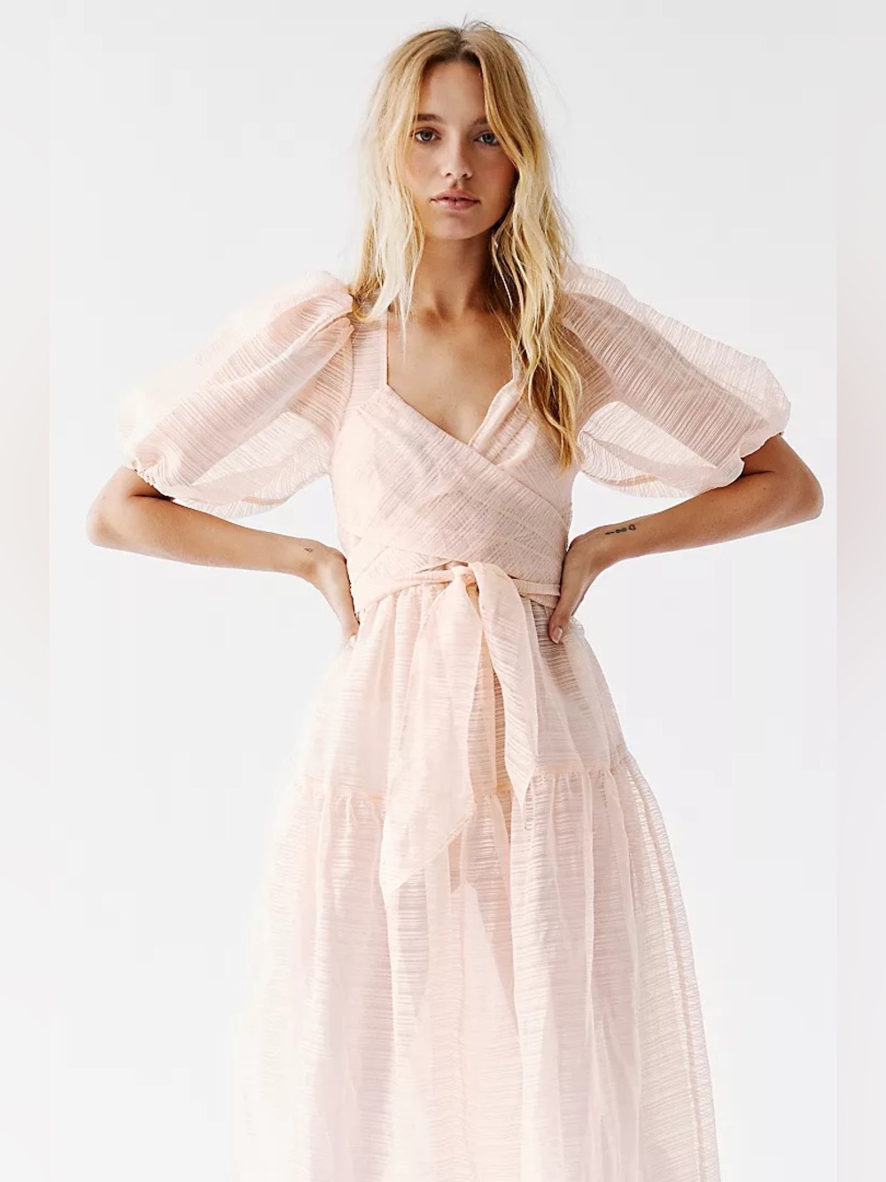 New Free People Peach Hailey Women's Puff Sleeve Wrap Midi Dress sz 6